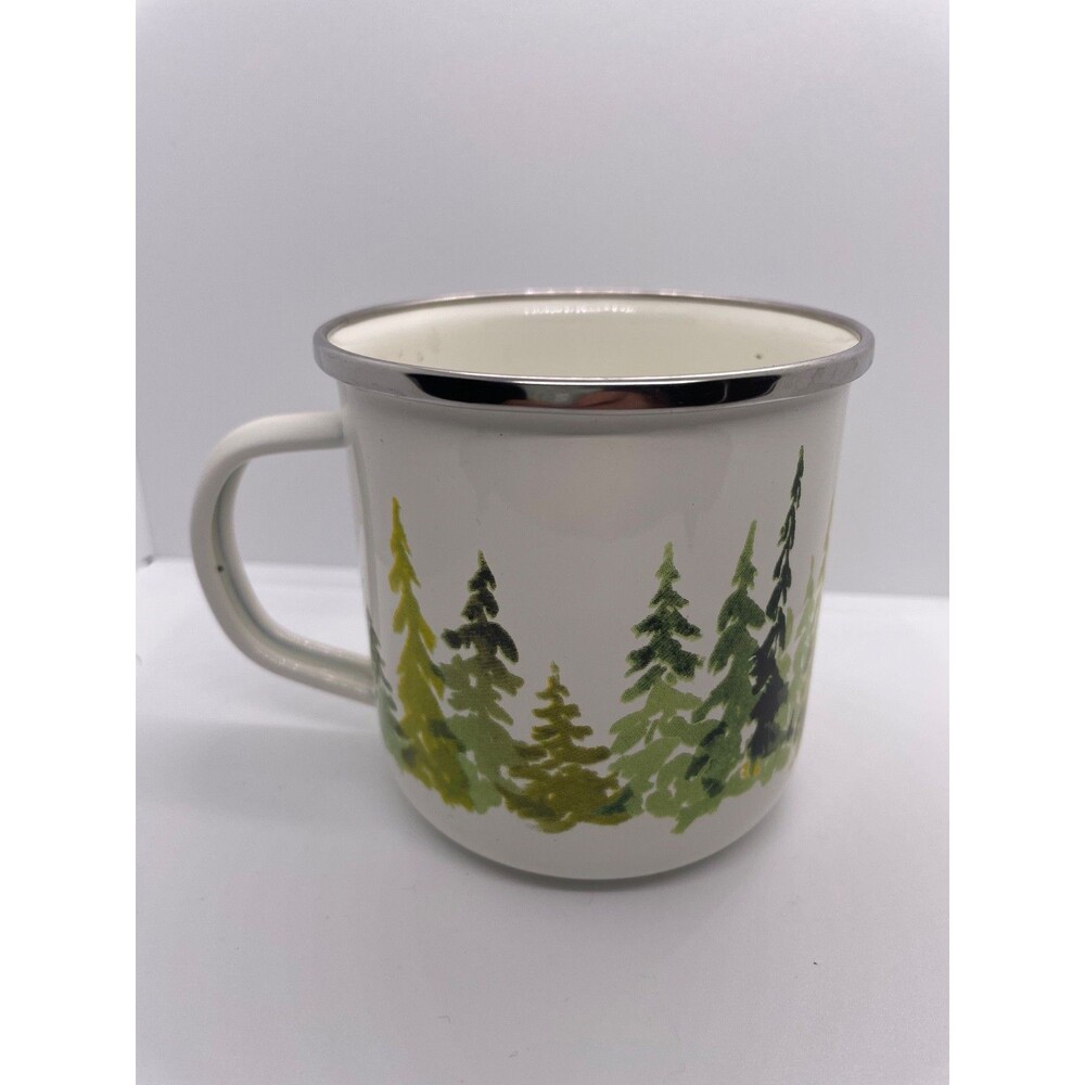 one LL Bean Heritage Enamel Over Metal Camp Mug White Green Forest Trees 12 oz